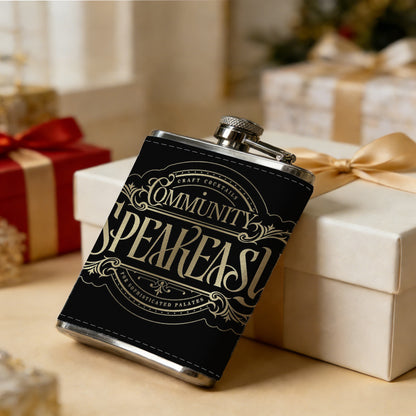 Community Speakeasy vintage logo 1pc Stainless Steel Flask 8oz -Fashionable patterns Design, Ideal for Dad, Grandpa, Uncle, Hunting Enthusiasts, Birthday, Party, Christmas, Halloween Gifts