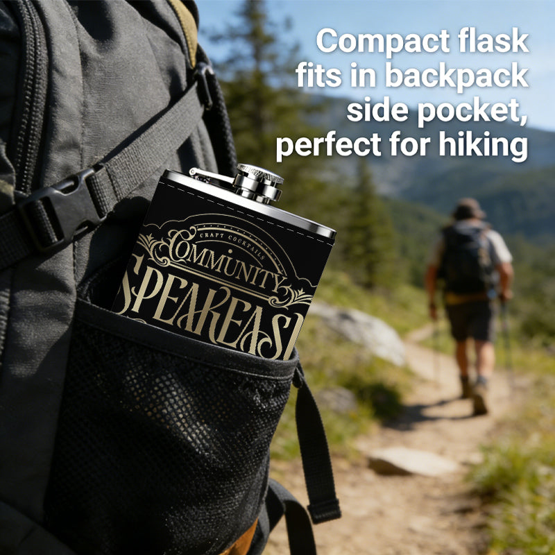 Community Speakeasy vintage logo 1pc Stainless Steel Flask 8oz -Fashionable patterns Design, Ideal for Dad, Grandpa, Uncle, Hunting Enthusiasts, Birthday, Party, Christmas, Halloween Gifts