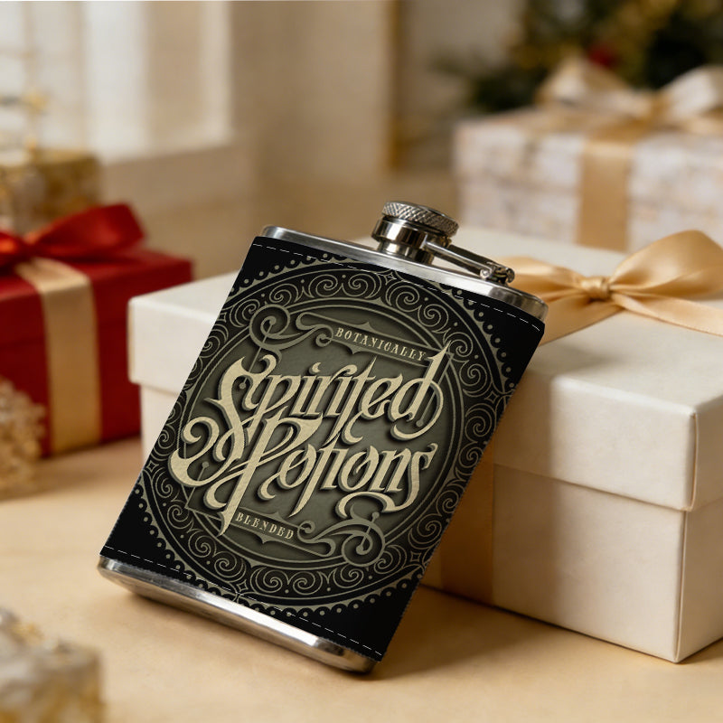 Vintage ornate circular text logo 1pc Stainless Steel Flask 8oz -Fashionable patterns Design, Ideal for Dad, Grandpa, Uncle, Hunting Enthusiasts, Birthday, Party, Christmas, Halloween Gifts