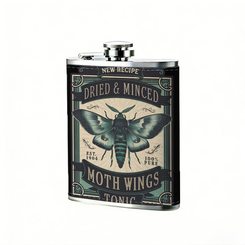 Moth themed vintage label 1pc Stainless Steel Flask 8oz -Fashionable patterns Design, Ideal for Dad, Grandpa, Uncle, Hunting Enthusiasts, Birthday, Party, Christmas, Halloween Gifts