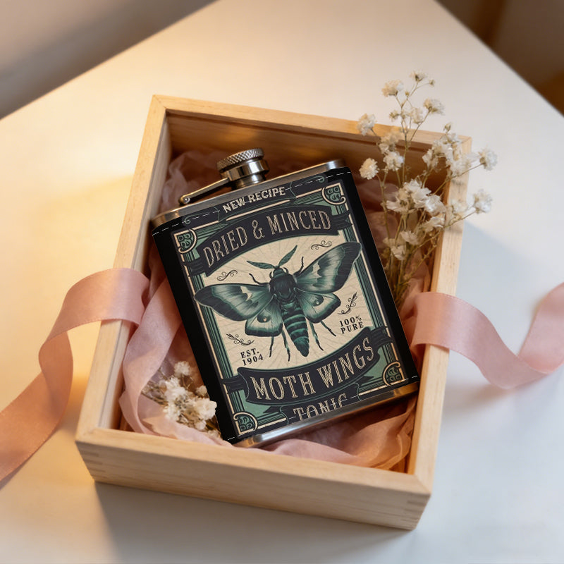 Moth themed vintage label 1pc Stainless Steel Flask 8oz -Fashionable patterns Design, Ideal for Dad, Grandpa, Uncle, Hunting Enthusiasts, Birthday, Party, Christmas, Halloween Gifts