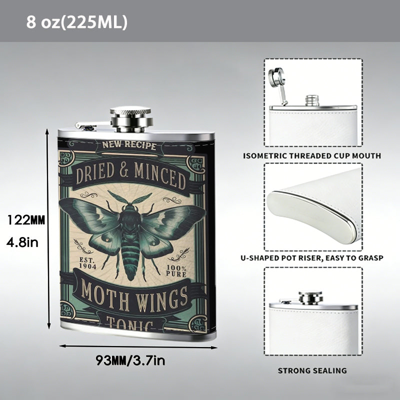 Moth themed vintage label 1pc Stainless Steel Flask 8oz -Fashionable patterns Design, Ideal for Dad, Grandpa, Uncle, Hunting Enthusiasts, Birthday, Party, Christmas, Halloween Gifts