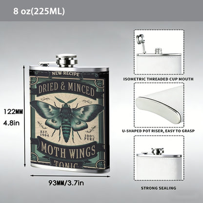 Moth themed vintage label 1pc Stainless Steel Flask 8oz -Fashionable patterns Design, Ideal for Dad, Grandpa, Uncle, Hunting Enthusiasts, Birthday, Party, Christmas, Halloween Gifts