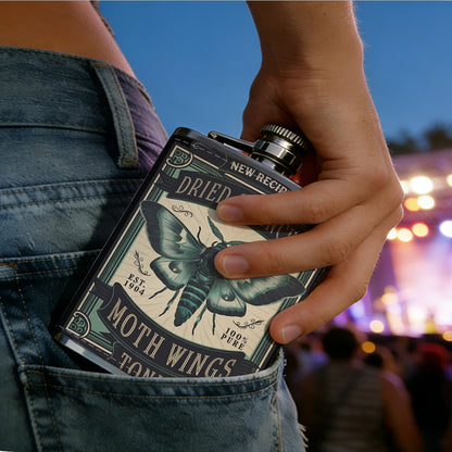 Moth themed vintage label 1pc Stainless Steel Flask 8oz -Fashionable patterns Design, Ideal for Dad, Grandpa, Uncle, Hunting Enthusiasts, Birthday, Party, Christmas, Halloween Gifts