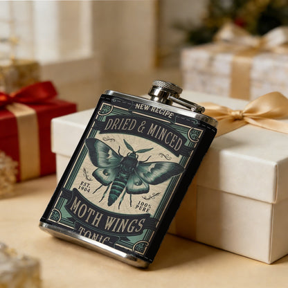 Moth themed vintage label 1pc Stainless Steel Flask 8oz -Fashionable patterns Design, Ideal for Dad, Grandpa, Uncle, Hunting Enthusiasts, Birthday, Party, Christmas, Halloween Gifts