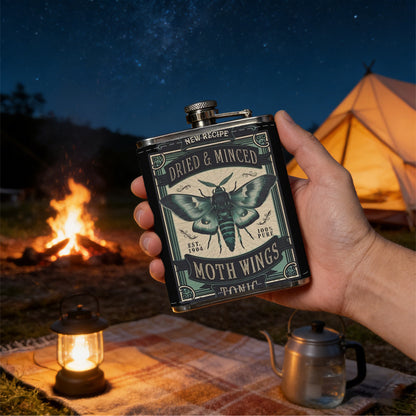 Moth themed vintage label 1pc Stainless Steel Flask 8oz -Fashionable patterns Design, Ideal for Dad, Grandpa, Uncle, Hunting Enthusiasts, Birthday, Party, Christmas, Halloween Gifts