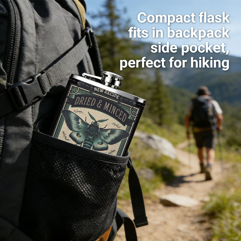 Moth themed vintage label 1pc Stainless Steel Flask 8oz -Fashionable patterns Design, Ideal for Dad, Grandpa, Uncle, Hunting Enthusiasts, Birthday, Party, Christmas, Halloween Gifts