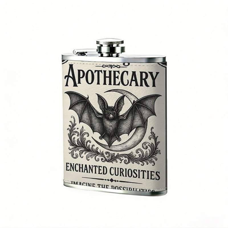 Bat and text vintage apothecary sign 1pc Stainless Steel Flask 8oz -Fashionable patterns Design, Ideal for Dad, Grandpa, Uncle, Hunting Enthusiasts, Birthday, Party, Christmas, Halloween Gifts