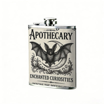 Bat and text vintage apothecary sign 1pc Stainless Steel Flask 8oz -Fashionable patterns Design, Ideal for Dad, Grandpa, Uncle, Hunting Enthusiasts, Birthday, Party, Christmas, Halloween Gifts