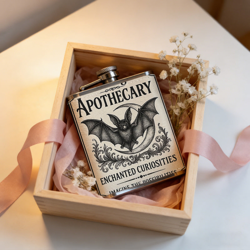 Bat and text vintage apothecary sign 1pc Stainless Steel Flask 8oz -Fashionable patterns Design, Ideal for Dad, Grandpa, Uncle, Hunting Enthusiasts, Birthday, Party, Christmas, Halloween Gifts