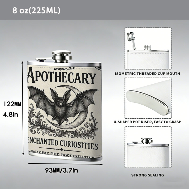 Bat and text vintage apothecary sign 1pc Stainless Steel Flask 8oz -Fashionable patterns Design, Ideal for Dad, Grandpa, Uncle, Hunting Enthusiasts, Birthday, Party, Christmas, Halloween Gifts