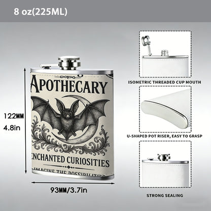 Bat and text vintage apothecary sign 1pc Stainless Steel Flask 8oz -Fashionable patterns Design, Ideal for Dad, Grandpa, Uncle, Hunting Enthusiasts, Birthday, Party, Christmas, Halloween Gifts
