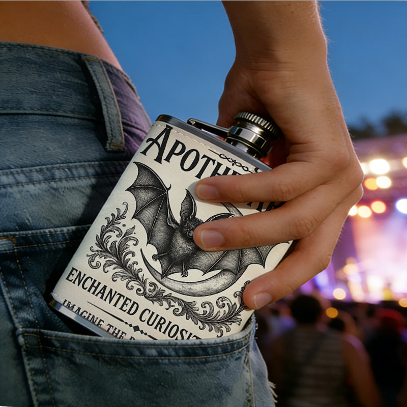 Bat and text vintage apothecary sign 1pc Stainless Steel Flask 8oz -Fashionable patterns Design, Ideal for Dad, Grandpa, Uncle, Hunting Enthusiasts, Birthday, Party, Christmas, Halloween Gifts