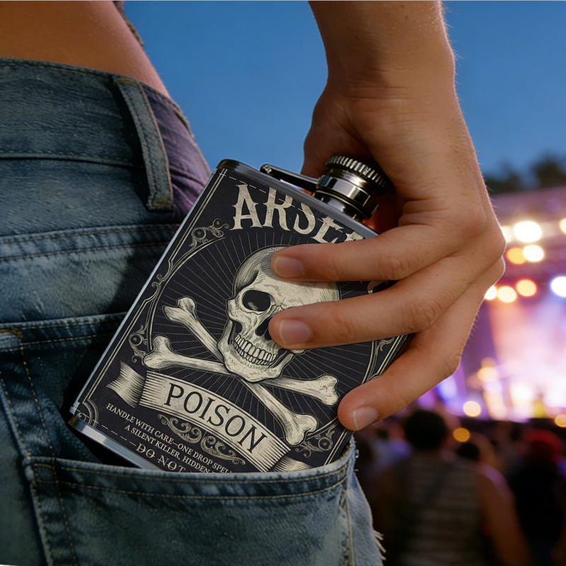 Arsenic poison skull vintage label 1pc Stainless Steel Flask 8oz -Fashionable patterns Design, Ideal for Dad, Grandpa, Uncle, Hunting Enthusiasts, Birthday, Party, Christmas, Halloween Gifts