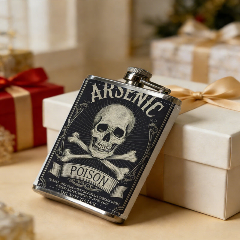 Arsenic poison skull vintage label 1pc Stainless Steel Flask 8oz -Fashionable patterns Design, Ideal for Dad, Grandpa, Uncle, Hunting Enthusiasts, Birthday, Party, Christmas, Halloween Gifts