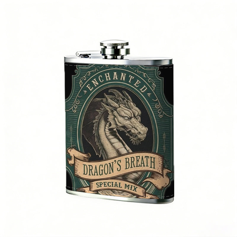 Vintage dragon head emblem with text 1pc Stainless Steel Flask 8oz -Fashionable patterns Design, Ideal for Dad, Grandpa, Uncle, Hunting Enthusiasts, Birthday, Party, Christmas, Halloween Gifts