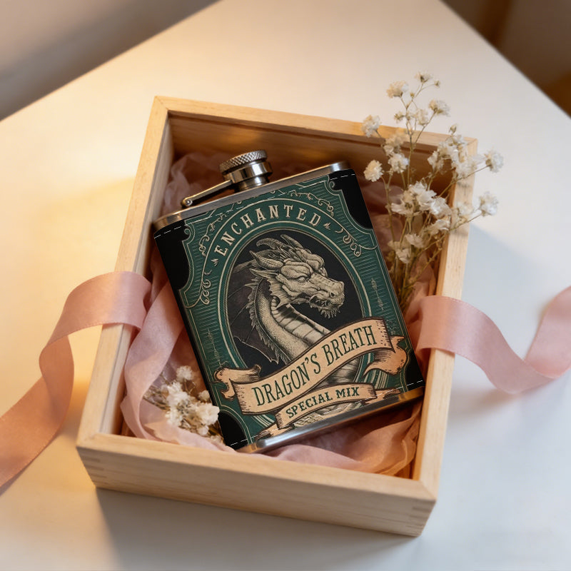 Vintage dragon head emblem with text 1pc Stainless Steel Flask 8oz -Fashionable patterns Design, Ideal for Dad, Grandpa, Uncle, Hunting Enthusiasts, Birthday, Party, Christmas, Halloween Gifts