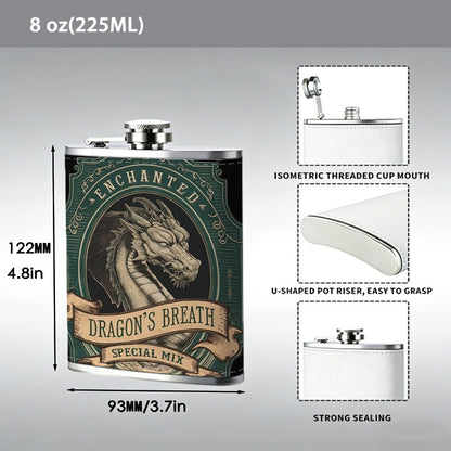 Vintage dragon head emblem with text 1pc Stainless Steel Flask 8oz -Fashionable patterns Design, Ideal for Dad, Grandpa, Uncle, Hunting Enthusiasts, Birthday, Party, Christmas, Halloween Gifts
