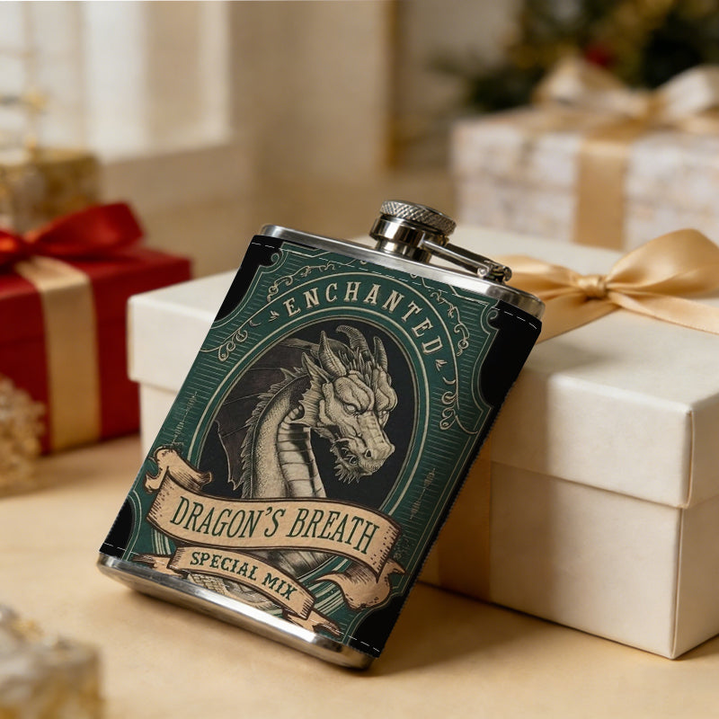 Vintage dragon head emblem with text 1pc Stainless Steel Flask 8oz -Fashionable patterns Design, Ideal for Dad, Grandpa, Uncle, Hunting Enthusiasts, Birthday, Party, Christmas, Halloween Gifts
