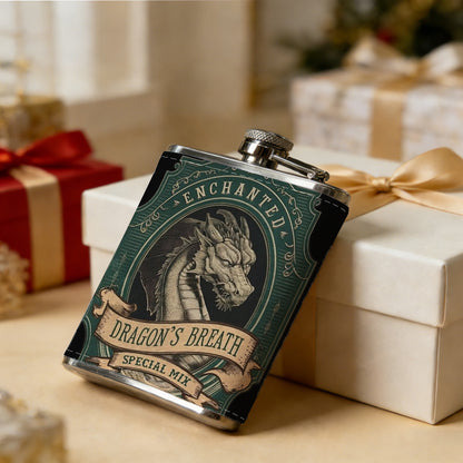 Vintage dragon head emblem with text 1pc Stainless Steel Flask 8oz -Fashionable patterns Design, Ideal for Dad, Grandpa, Uncle, Hunting Enthusiasts, Birthday, Party, Christmas, Halloween Gifts