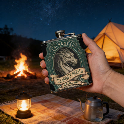 Vintage dragon head emblem with text 1pc Stainless Steel Flask 8oz -Fashionable patterns Design, Ideal for Dad, Grandpa, Uncle, Hunting Enthusiasts, Birthday, Party, Christmas, Halloween Gifts