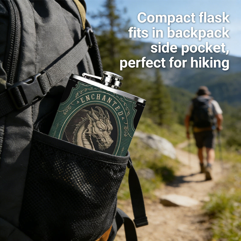 Vintage dragon head emblem with text 1pc Stainless Steel Flask 8oz -Fashionable patterns Design, Ideal for Dad, Grandpa, Uncle, Hunting Enthusiasts, Birthday, Party, Christmas, Halloween Gifts