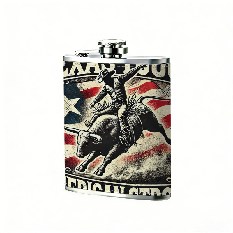 Cowboy riding bull with US flags and text 1pc Stainless Steel Flask 8oz -Fashionable patterns Design, Ideal for Dad, Grandpa, Uncle, Hunting Enthusiasts, Birthday, Party, Christmas, Halloween Gifts
