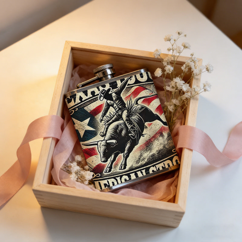 Cowboy riding bull with US flags and text 1pc Stainless Steel Flask 8oz -Fashionable patterns Design, Ideal for Dad, Grandpa, Uncle, Hunting Enthusiasts, Birthday, Party, Christmas, Halloween Gifts