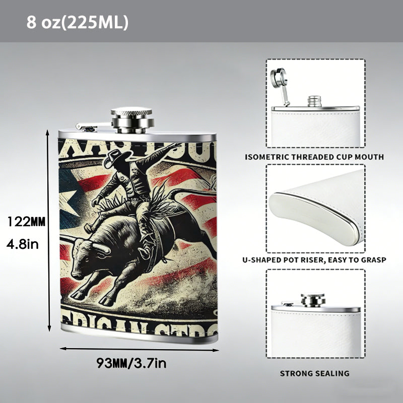 Cowboy riding bull with US flags and text 1pc Stainless Steel Flask 8oz -Fashionable patterns Design, Ideal for Dad, Grandpa, Uncle, Hunting Enthusiasts, Birthday, Party, Christmas, Halloween Gifts
