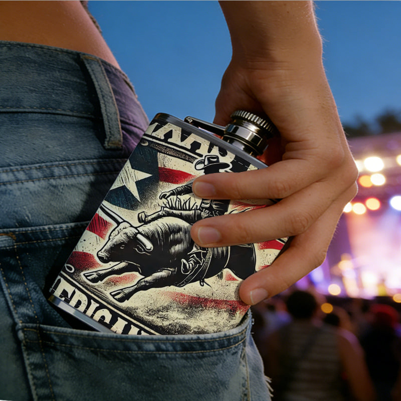 Cowboy riding bull with US flags and text 1pc Stainless Steel Flask 8oz -Fashionable patterns Design, Ideal for Dad, Grandpa, Uncle, Hunting Enthusiasts, Birthday, Party, Christmas, Halloween Gifts