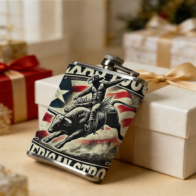 Cowboy riding bull with US flags and text 1pc Stainless Steel Flask 8oz -Fashionable patterns Design, Ideal for Dad, Grandpa, Uncle, Hunting Enthusiasts, Birthday, Party, Christmas, Halloween Gifts