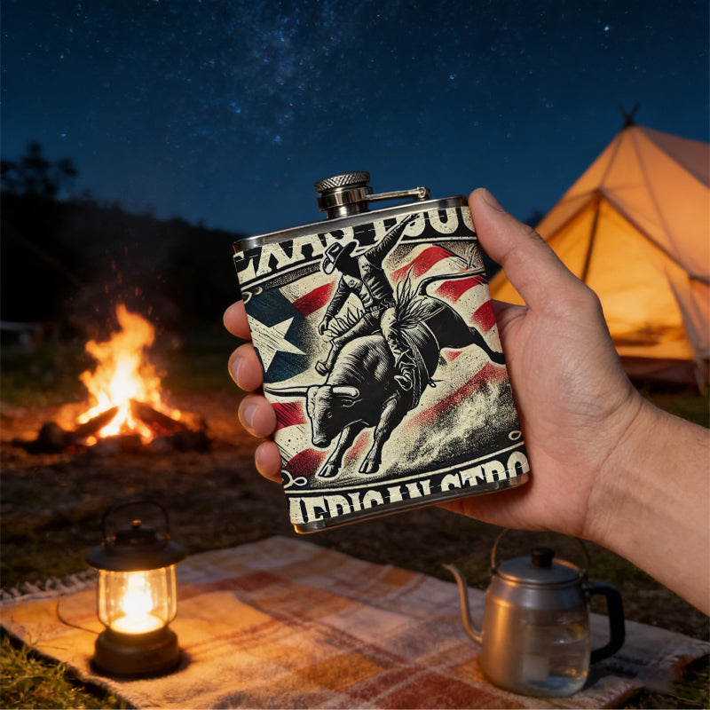 Cowboy riding bull with US flags and text 1pc Stainless Steel Flask 8oz -Fashionable patterns Design, Ideal for Dad, Grandpa, Uncle, Hunting Enthusiasts, Birthday, Party, Christmas, Halloween Gifts