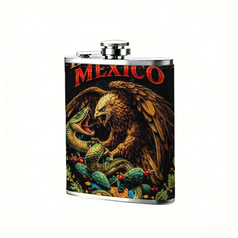 Eagle, snake and Mexico text 1pc Stainless Steel Flask 8oz -Fashionable patterns Design, Ideal for Dad, Grandpa, Uncle, Hunting Enthusiasts, Birthday, Party, Christmas, Halloween Gifts
