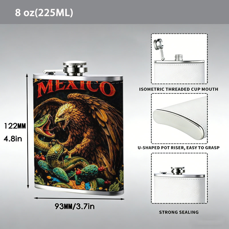 Eagle, snake and Mexico text 1pc Stainless Steel Flask 8oz -Fashionable patterns Design, Ideal for Dad, Grandpa, Uncle, Hunting Enthusiasts, Birthday, Party, Christmas, Halloween Gifts