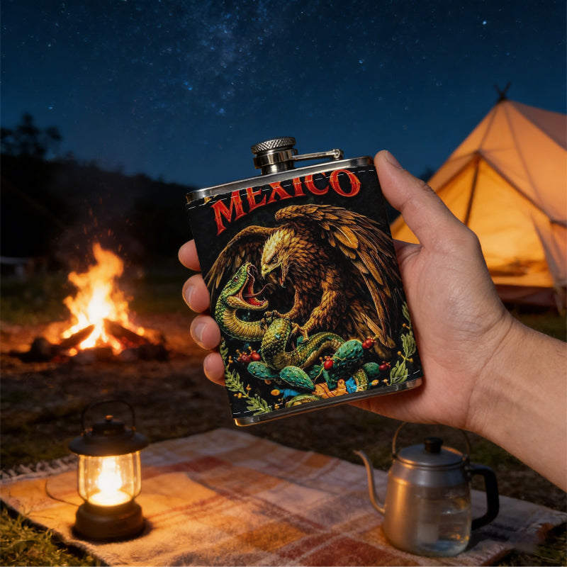 Eagle, snake and Mexico text 1pc Stainless Steel Flask 8oz -Fashionable patterns Design, Ideal for Dad, Grandpa, Uncle, Hunting Enthusiasts, Birthday, Party, Christmas, Halloween Gifts