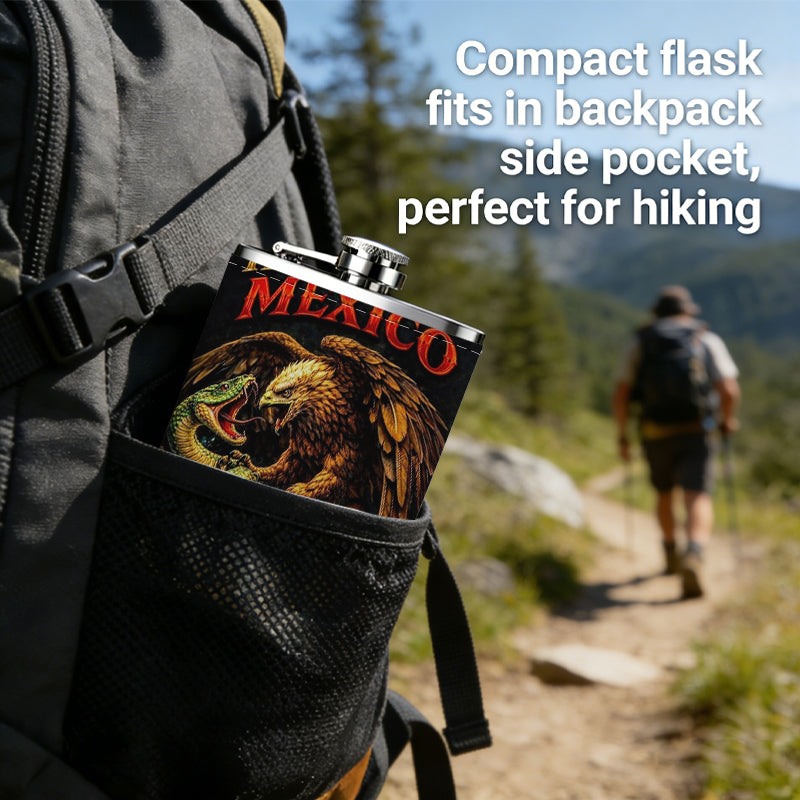 Eagle, snake and Mexico text 1pc Stainless Steel Flask 8oz -Fashionable patterns Design, Ideal for Dad, Grandpa, Uncle, Hunting Enthusiasts, Birthday, Party, Christmas, Halloween Gifts