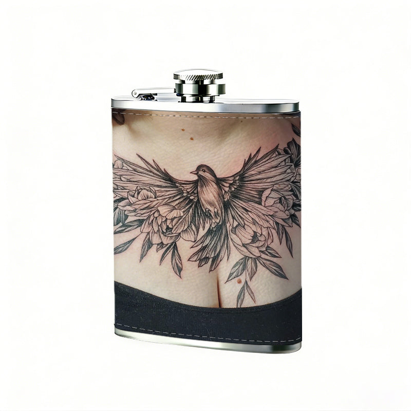 Woman with eagle chest tattoo 1pc Stainless Steel Flask 8oz -Fashionable patterns Design, Ideal for Dad, Grandpa, Uncle, Hunting Enthusiasts, Birthday, Party, Christmas, Halloween Gifts