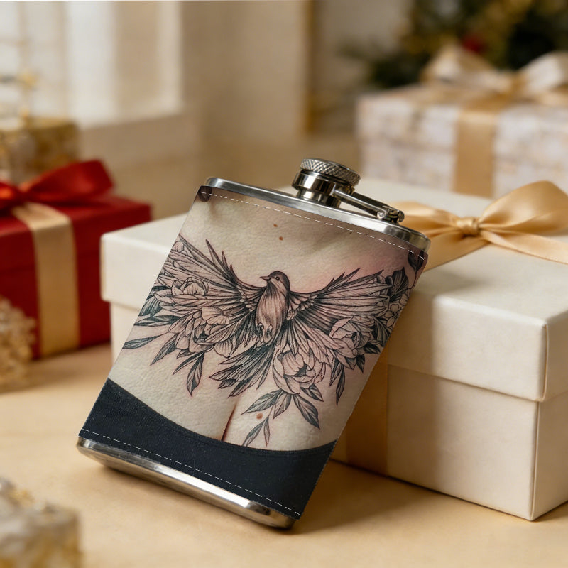 Woman with eagle chest tattoo 1pc Stainless Steel Flask 8oz -Fashionable patterns Design, Ideal for Dad, Grandpa, Uncle, Hunting Enthusiasts, Birthday, Party, Christmas, Halloween Gifts