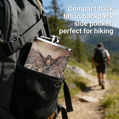 Woman with eagle chest tattoo 1pc Stainless Steel Flask 8oz -Fashionable patterns Design, Ideal for Dad, Grandpa, Uncle, Hunting Enthusiasts, Birthday, Party, Christmas, Halloween Gifts
