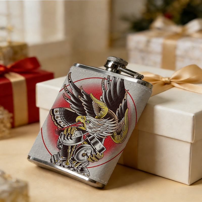 Winged eagle in red circle 1pc Stainless Steel Flask 8oz -Fashionable patterns Design, Ideal for Dad, Grandpa, Uncle, Hunting Enthusiasts, Birthday, Party, Christmas, Halloween Gifts