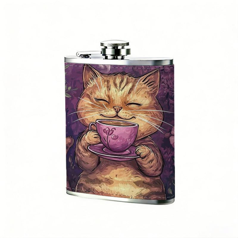 Smiling tabby cat holding coffee cup with flowers 1pc Stainless Steel Flask 8oz -Fashionable patterns Design, Ideal for Dad, Grandpa, Uncle, Hunting Enthusiasts, Birthday, Party, Christmas, Halloween Gifts