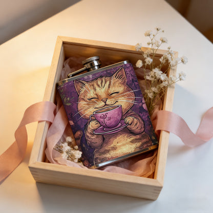 Smiling tabby cat holding coffee cup with flowers 1pc Stainless Steel Flask 8oz -Fashionable patterns Design, Ideal for Dad, Grandpa, Uncle, Hunting Enthusiasts, Birthday, Party, Christmas, Halloween Gifts