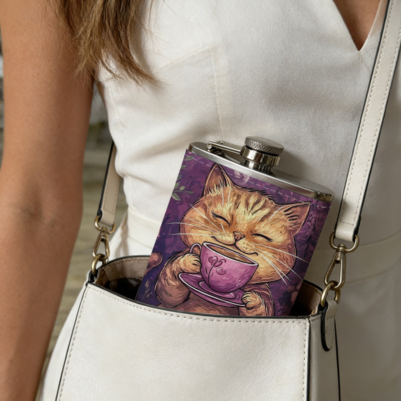 Smiling tabby cat holding coffee cup with flowers 1pc Stainless Steel Flask 8oz -Fashionable patterns Design, Ideal for Dad, Grandpa, Uncle, Hunting Enthusiasts, Birthday, Party, Christmas, Halloween Gifts