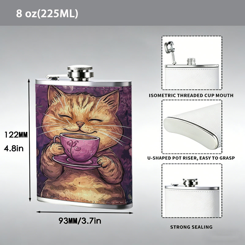 Smiling tabby cat holding coffee cup with flowers 1pc Stainless Steel Flask 8oz -Fashionable patterns Design, Ideal for Dad, Grandpa, Uncle, Hunting Enthusiasts, Birthday, Party, Christmas, Halloween Gifts