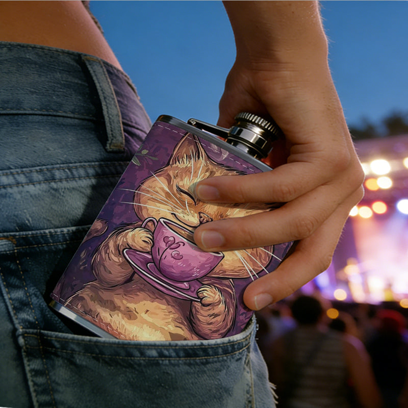 Smiling tabby cat holding coffee cup with flowers 1pc Stainless Steel Flask 8oz -Fashionable patterns Design, Ideal for Dad, Grandpa, Uncle, Hunting Enthusiasts, Birthday, Party, Christmas, Halloween Gifts