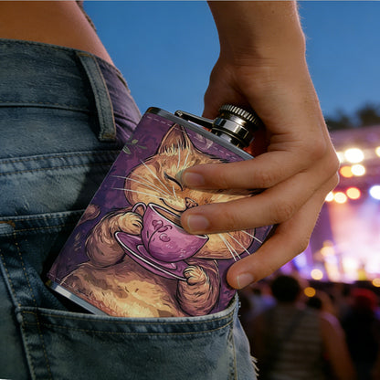 Smiling tabby cat holding coffee cup with flowers 1pc Stainless Steel Flask 8oz -Fashionable patterns Design, Ideal for Dad, Grandpa, Uncle, Hunting Enthusiasts, Birthday, Party, Christmas, Halloween Gifts
