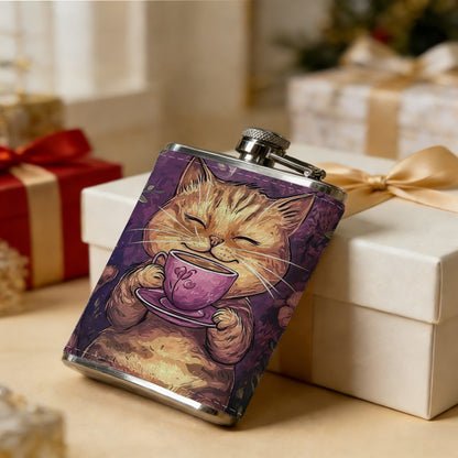 Smiling tabby cat holding coffee cup with flowers 1pc Stainless Steel Flask 8oz -Fashionable patterns Design, Ideal for Dad, Grandpa, Uncle, Hunting Enthusiasts, Birthday, Party, Christmas, Halloween Gifts