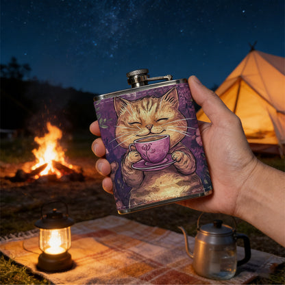 Smiling tabby cat holding coffee cup with flowers 1pc Stainless Steel Flask 8oz -Fashionable patterns Design, Ideal for Dad, Grandpa, Uncle, Hunting Enthusiasts, Birthday, Party, Christmas, Halloween Gifts
