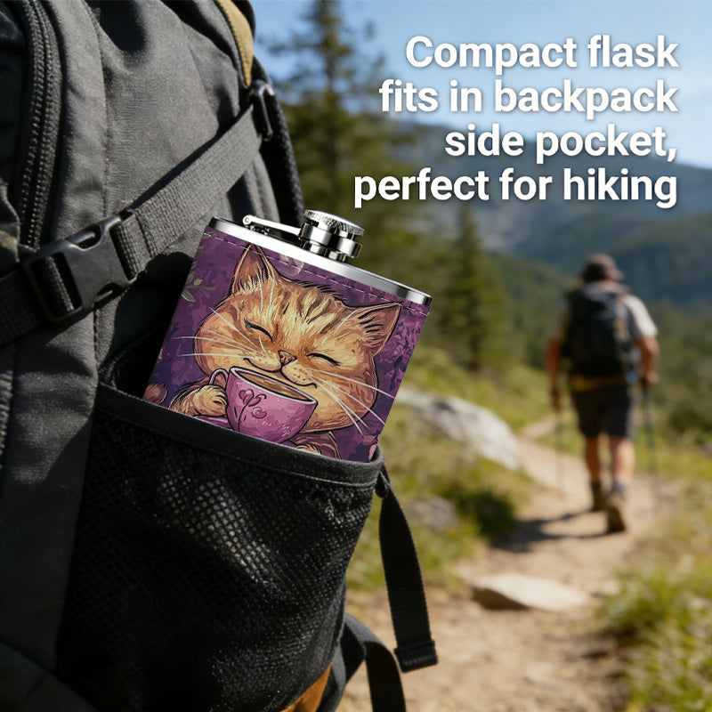 Smiling tabby cat holding coffee cup with flowers 1pc Stainless Steel Flask 8oz -Fashionable patterns Design, Ideal for Dad, Grandpa, Uncle, Hunting Enthusiasts, Birthday, Party, Christmas, Halloween Gifts