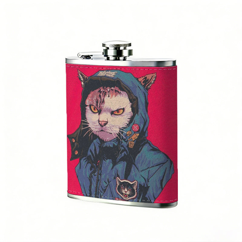 Anthropomorphic cat in blue jacket on red background 1pc Stainless Steel Flask 8oz -Fashionable patterns Design, Ideal for Dad, Grandpa, Uncle, Hunting Enthusiasts, Birthday, Party, Christmas, Halloween Gifts